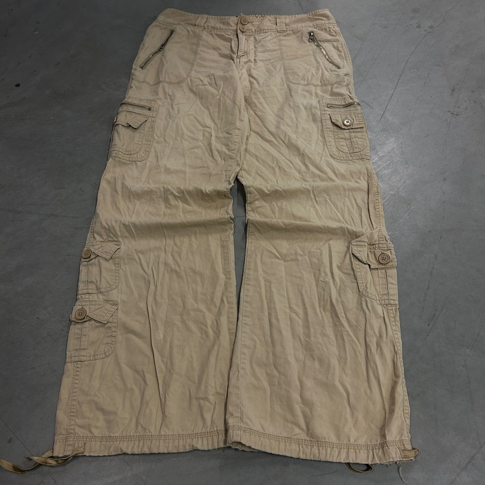 Aeropostale Tan Khaki Cargo Pants Women 7/8 Long Wide Leg Y2K Utility Streetwear